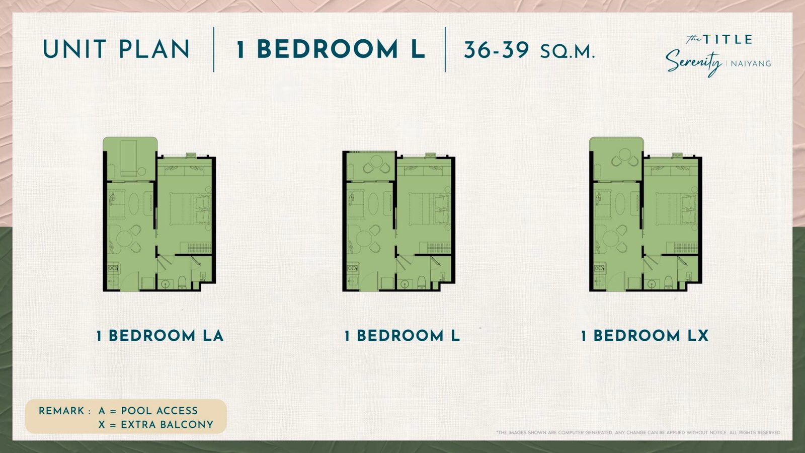 1 Bedroom L unit plan, 36 – 39 sq.m.