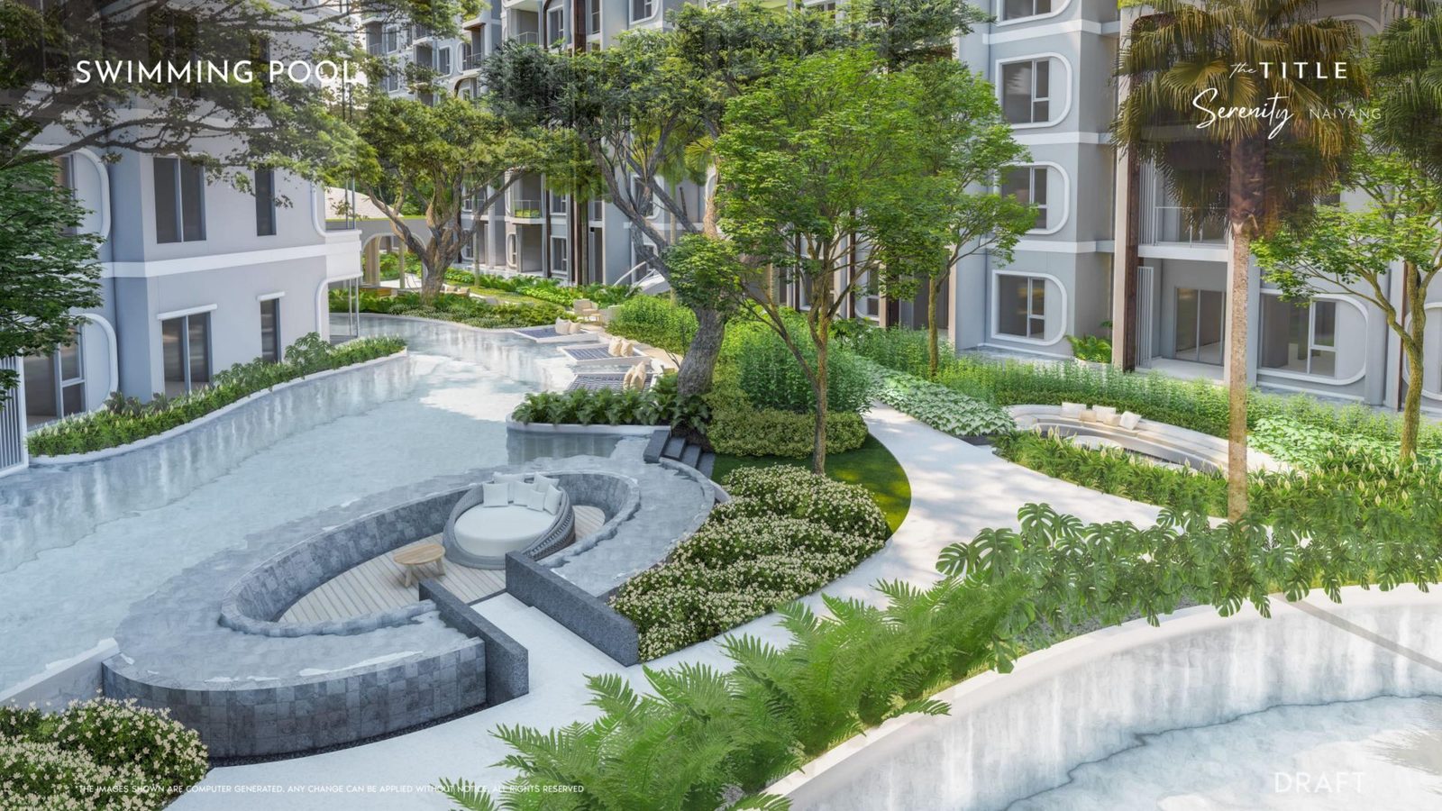 Landscaped lagoon swimming pool between residential buildings