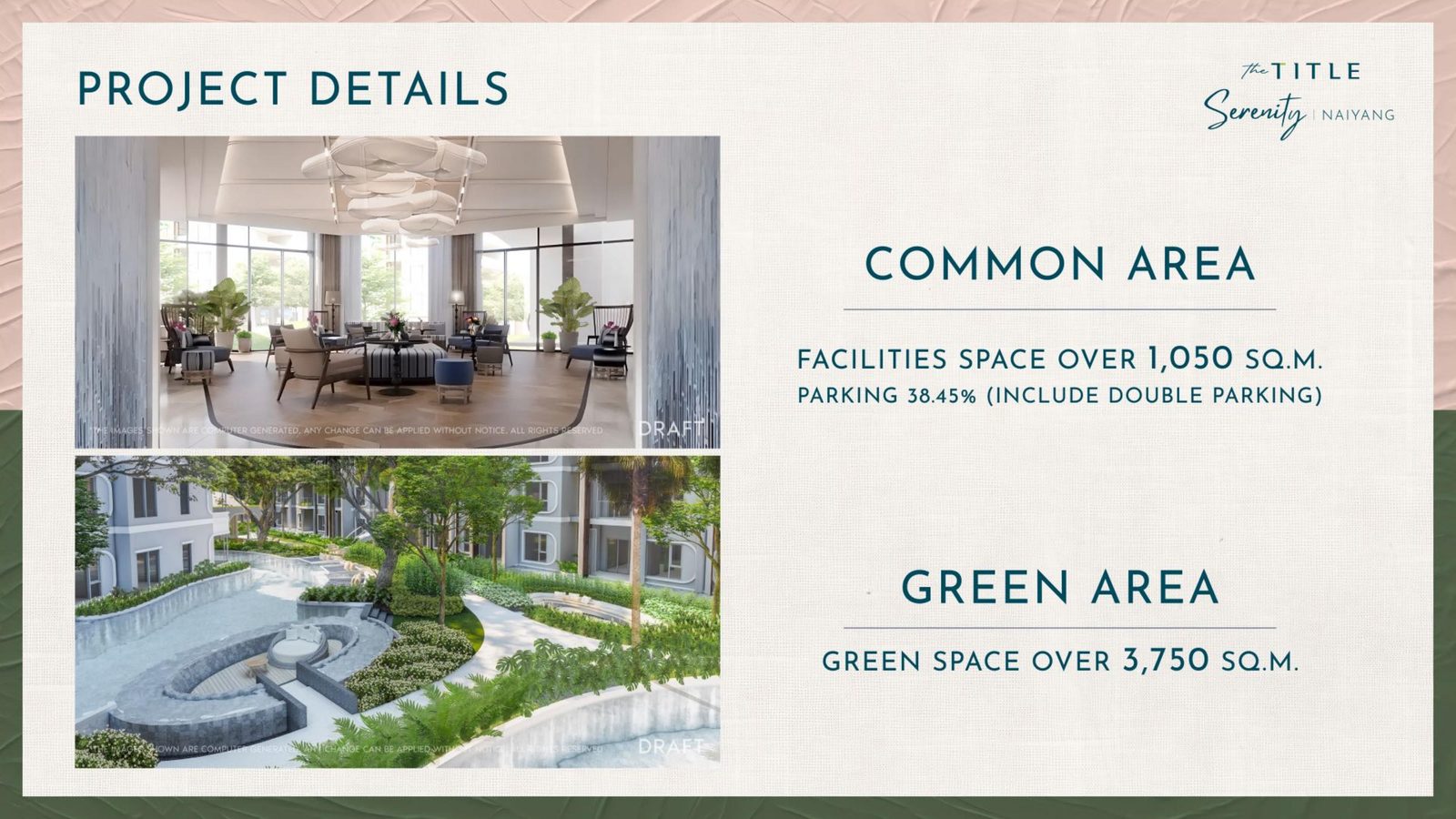 Common area lobby lounge and landscaped green area of The Title Serenity Naiyang