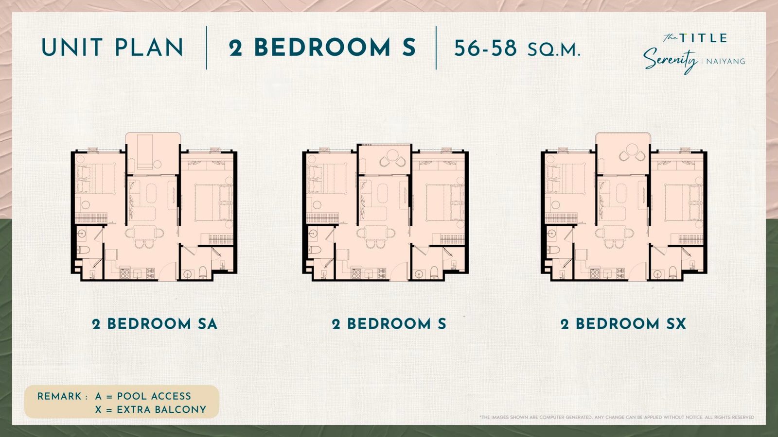 2 Bedroom S unit plan, 56 – 58 sq.m.