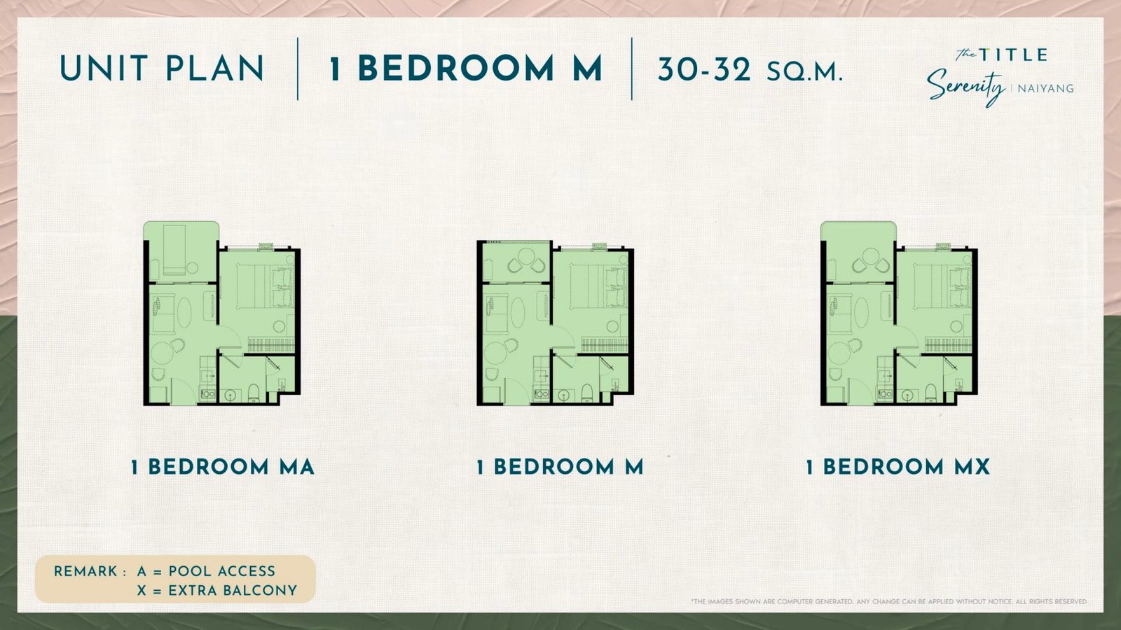 1 Bedroom M unit plan, 30 – 32 sq.m.