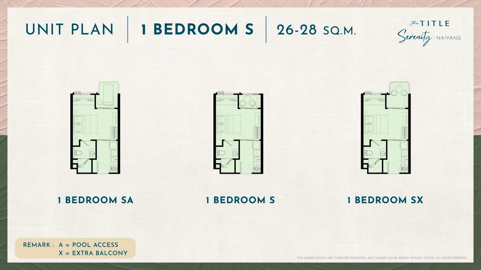 1 Bedroom S unit plan, 26 – 28 sq.m.
