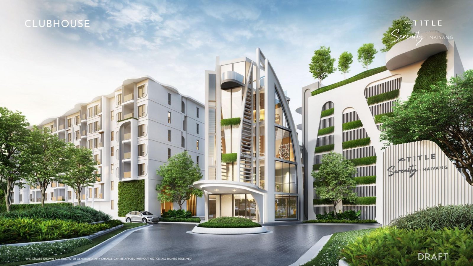 The Title Serenity Naiyang clubhouse entrance with vertical gardens and low-rise residences