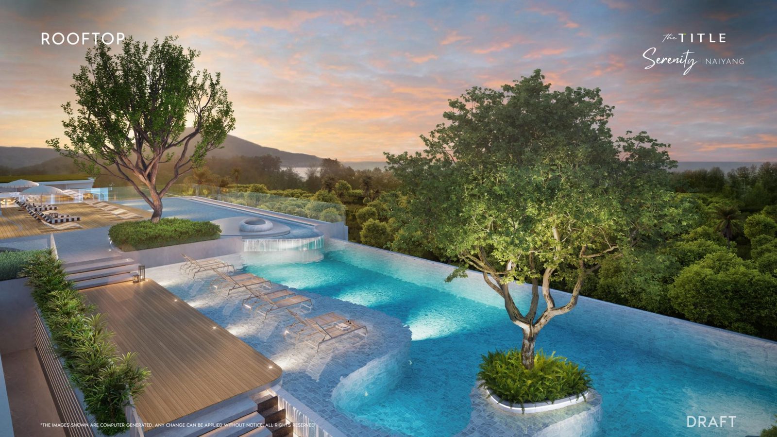 Rooftop sky pool at sunset overlooking Phuket greenery
