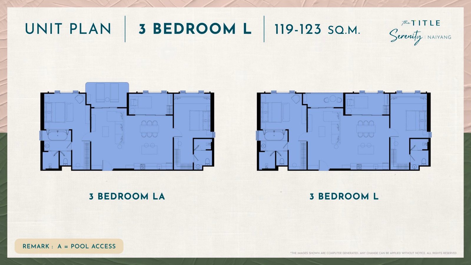 3 Bedroom L unit plan, 119 – 123 sq.m.
